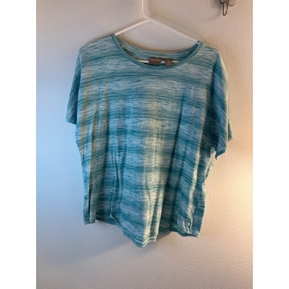 Chicos Space Dye Short Sleeve Top Teal White Size 2 Large Crew Neck Relaxed Fit